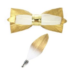 Mens Natural Feather Pre-Tied Bow tie & Lapel Pin